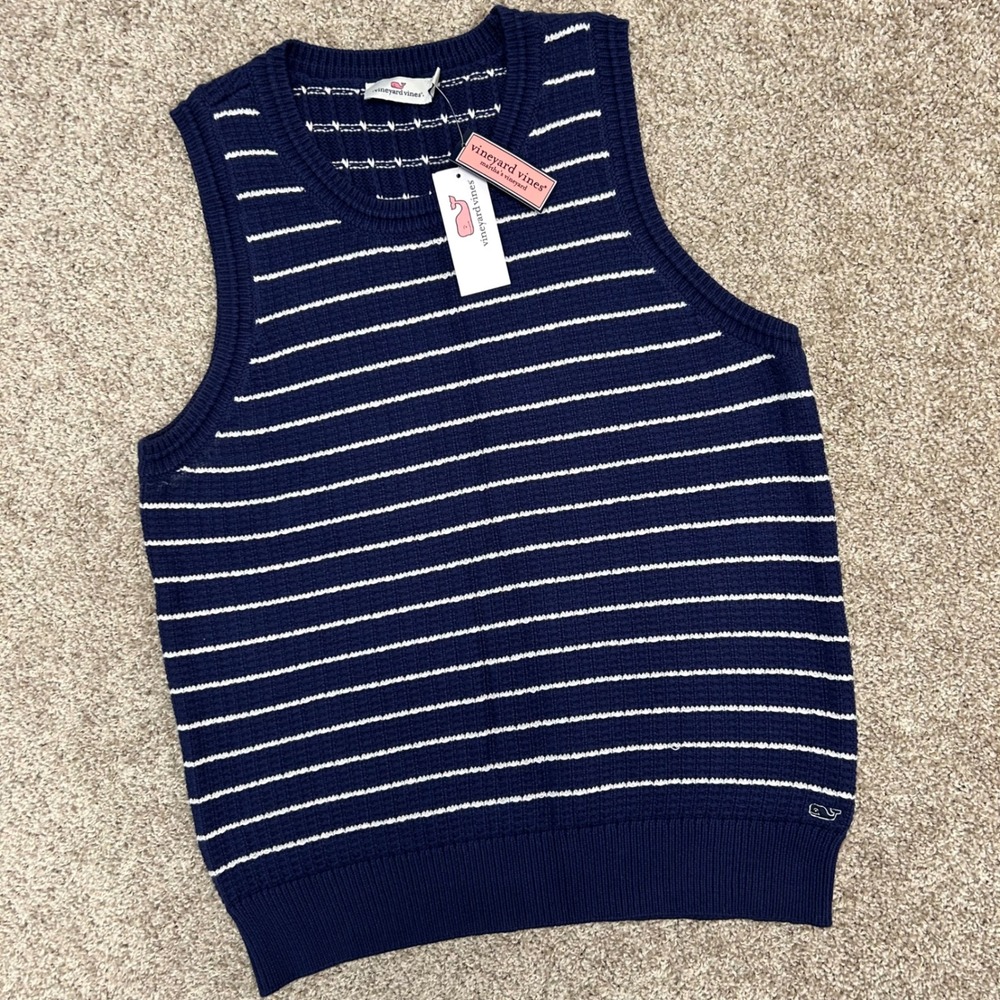 NWT Vineyard Vines Textured Sleeveless‎ Sweater Deep Bay Women Size Large Stripe